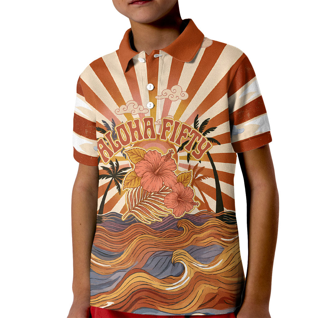Aloha Nifty 50th Birthday Hawaii Kid Polo Shirt Vintage Retro Sunburst Tropical Palm Tree Surfboard Art TS04 Kid Orange Beige - Polynesian Pride