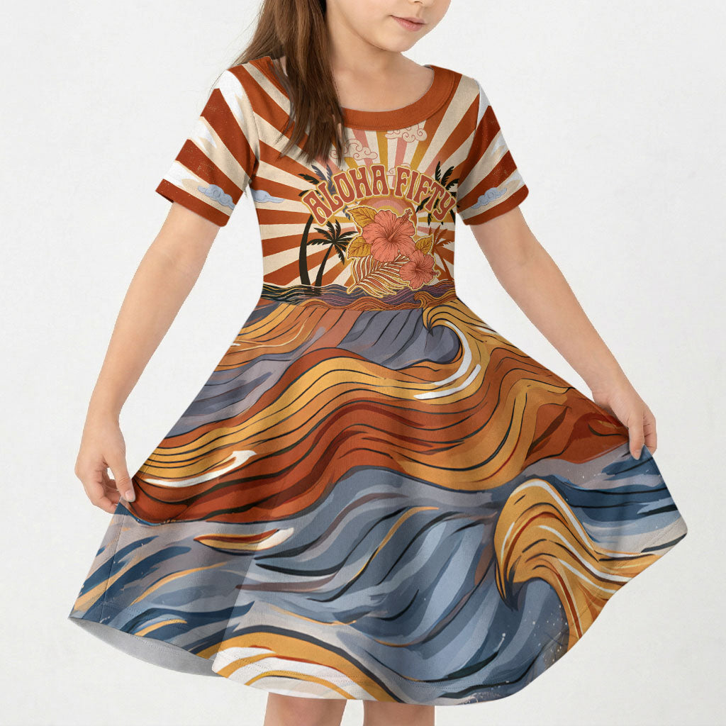 Aloha Nifty 50th Birthday Hawaii Kid Short Sleeve Dress Vintage Retro Sunburst Tropical Palm Tree Surfboard Art TS04 KID Orange Beige - Polynesian Pride
