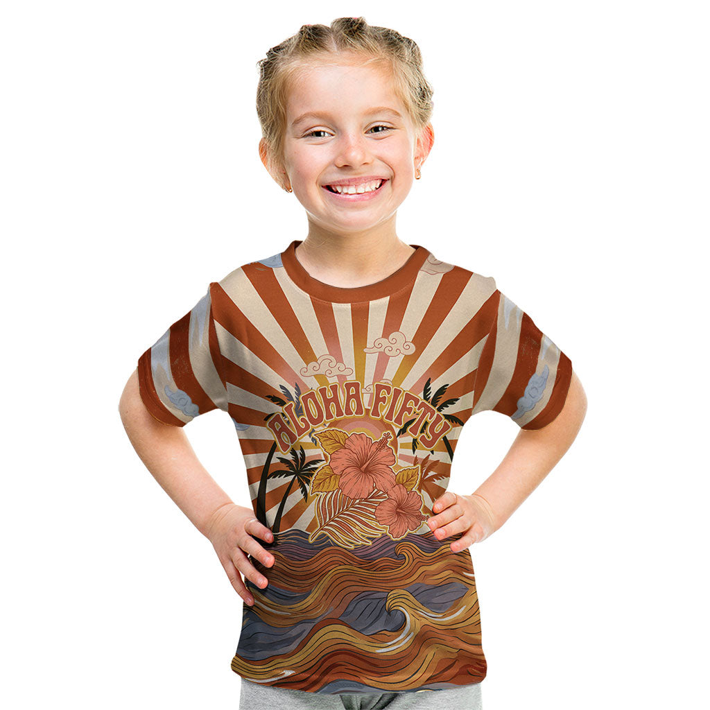 Aloha Nifty 50th Birthday Hawaii Kid T Shirt Vintage Retro Sunburst Tropical Palm Tree Surfboard Art TS04 Orange Beige - Polynesian Pride