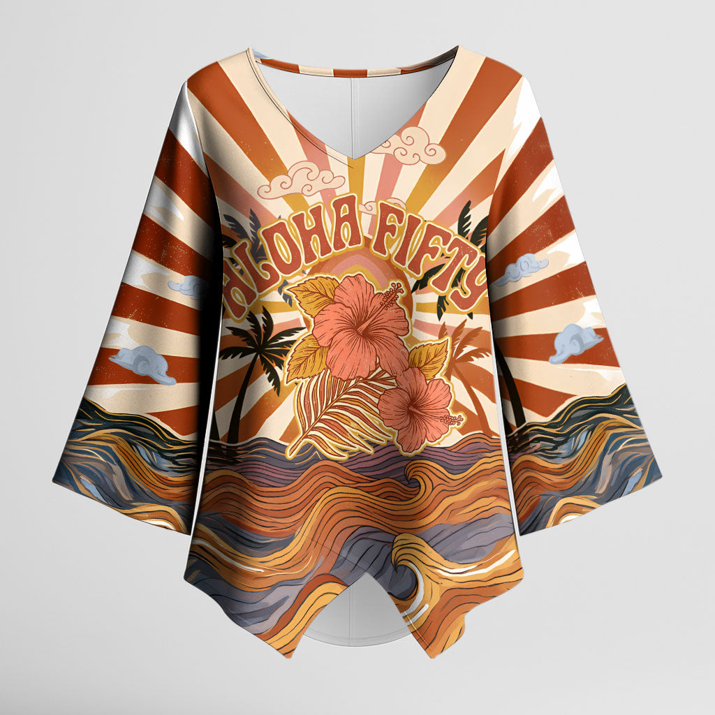 Aloha Nifty 50th Birthday Hawaii Kimono Sleeve Blouse Vintage Retro Sunburst Tropical Palm Tree Surfboard Art TS04 Female Orange Beige - Polynesian Pride