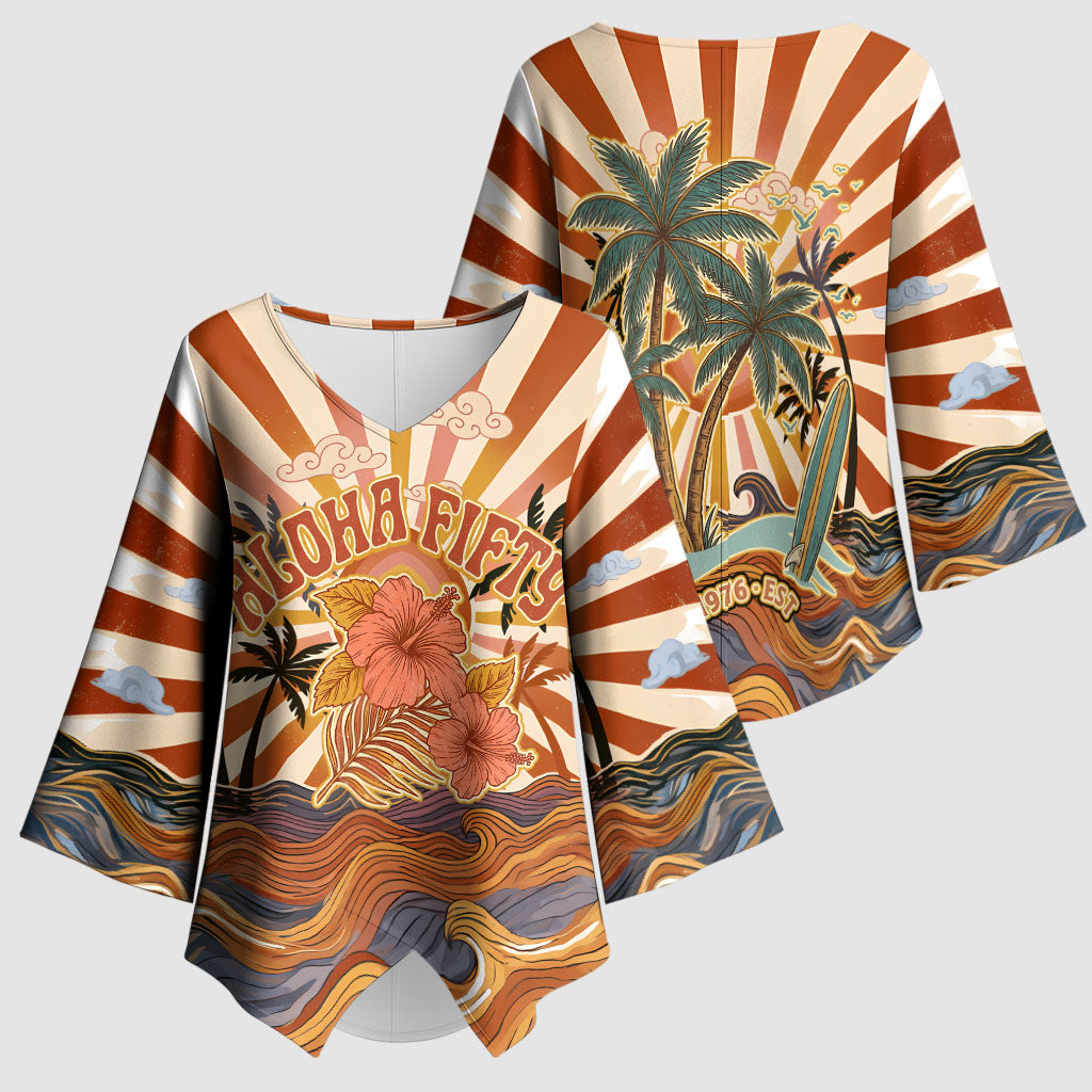 Aloha Nifty 50th Birthday Hawaii Kimono Sleeve Blouse Vintage Retro Sunburst Tropical Palm Tree Surfboard Art TS04 - Polynesian Pride