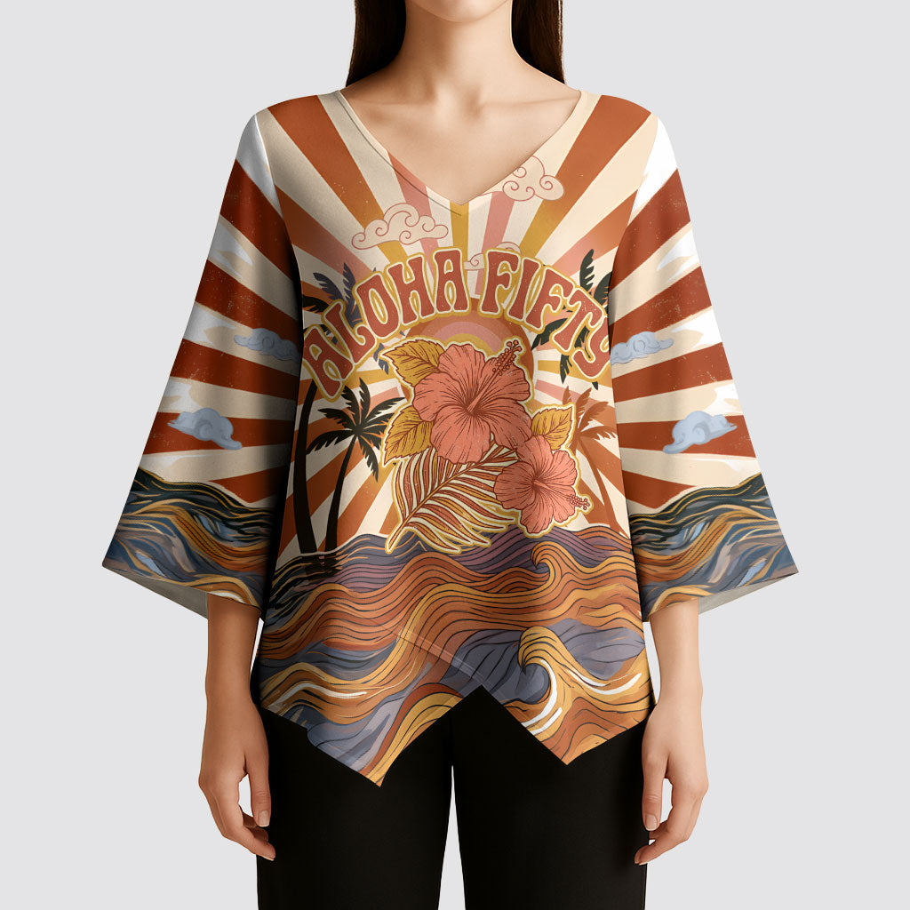 Aloha Nifty 50th Birthday Hawaii Kimono Sleeve Blouse Vintage Retro Sunburst Tropical Palm Tree Surfboard Art TS04 - Polynesian Pride
