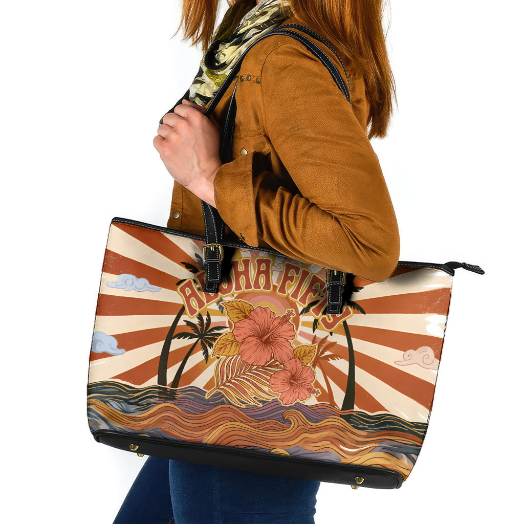 Aloha Nifty 50th Birthday Hawaii Leather Tote Bag Vintage Retro Sunburst Tropical Palm Tree Surfboard Art TS04 Orange Beige - Polynesian Pride