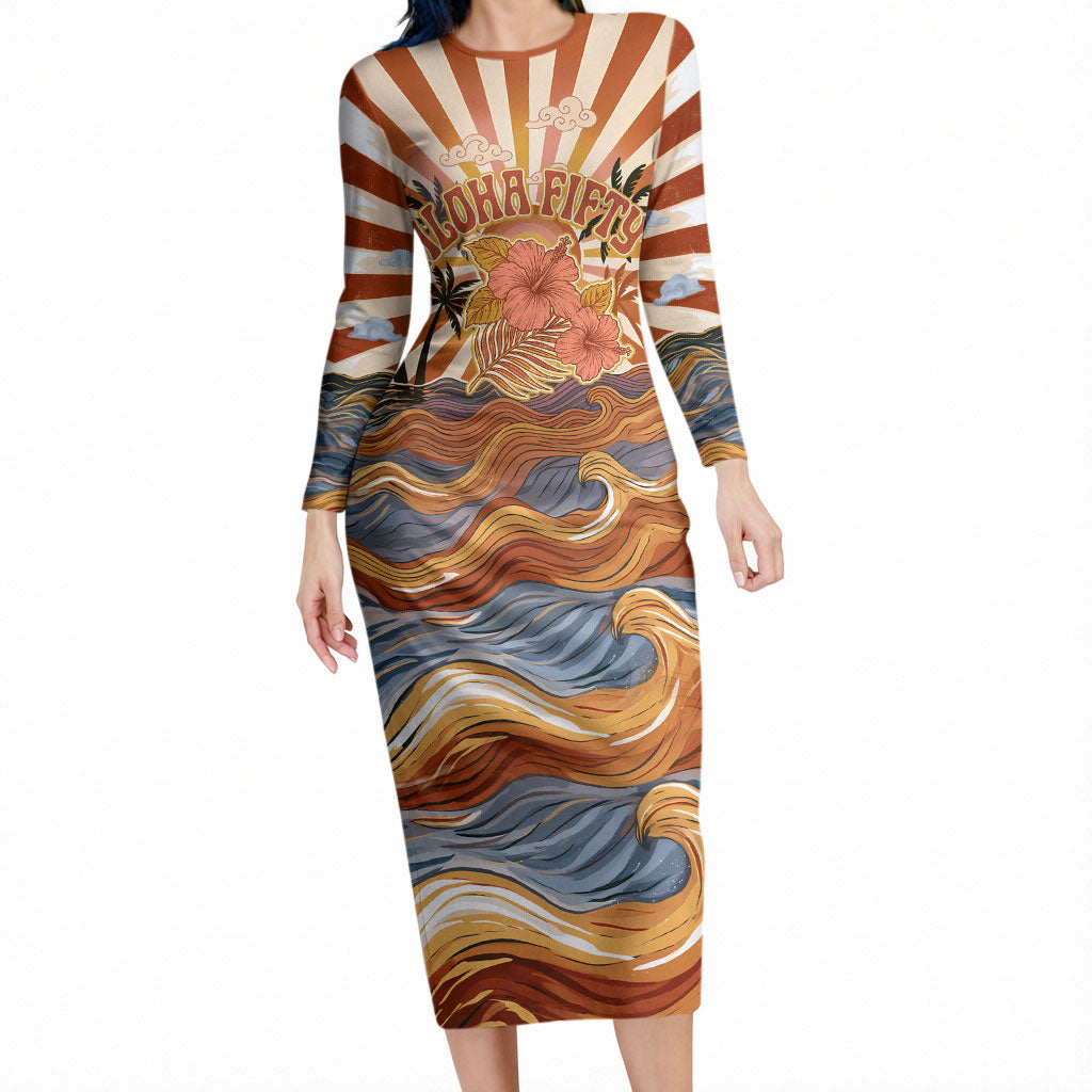 Aloha Nifty 50th Birthday Hawaii Long Sleeve Bodycon Dress Vintage Retro Sunburst Tropical Palm Tree Surfboard Art TS04 Long Dress Orange Beige - Polynesian Pride