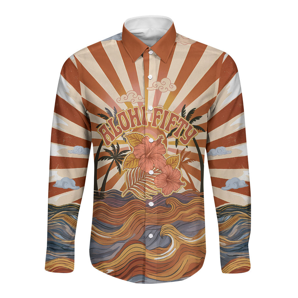 Aloha Nifty 50th Birthday Hawaii Long Sleeve Button Shirt Vintage Retro Sunburst Tropical Palm Tree Surfboard Art TS04 Unisex Orange Beige - Polynesian Pride