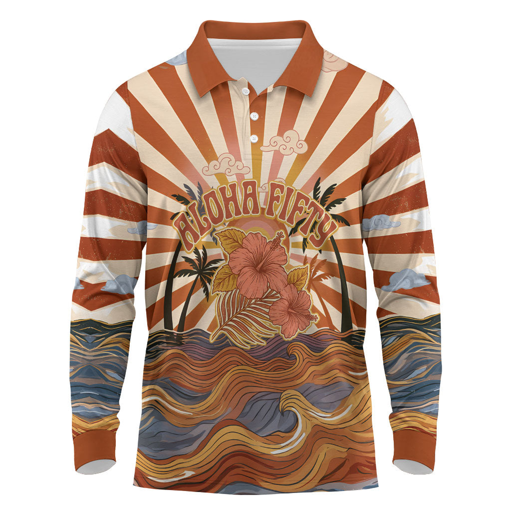 Aloha Nifty 50th Birthday Hawaii Long Sleeve Polo Shirt Vintage Retro Sunburst Tropical Palm Tree Surfboard Art TS04 Orange Beige - Polynesian Pride