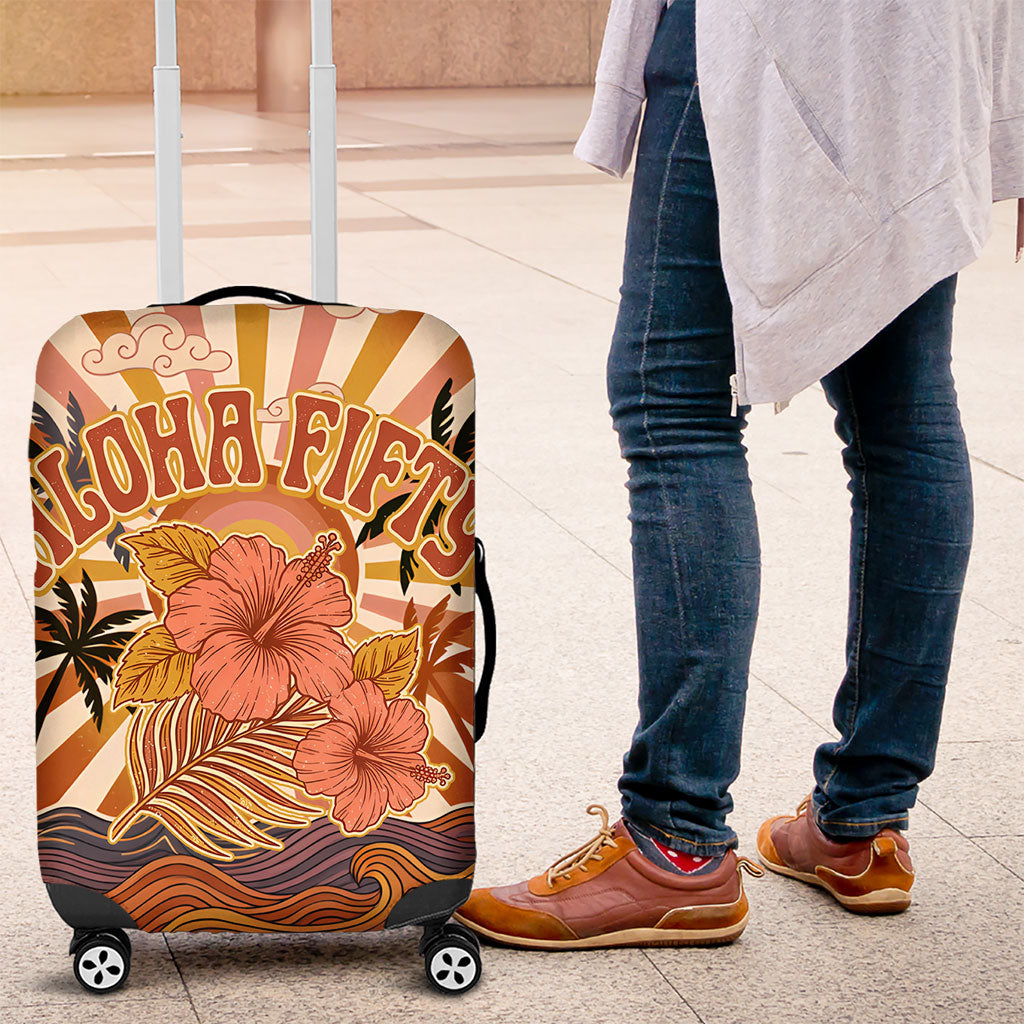 Aloha Nifty 50th Birthday Hawaii Luggage Cover Vintage Retro Sunburst Tropical Palm Tree Surfboard Art TS04 Orange Beige - Polynesian Pride