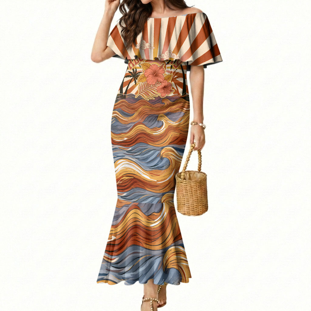 Aloha Nifty 50th Birthday Hawaii Mermaid Dress Vintage Retro Sunburst Tropical Palm Tree Surfboard Art TS04 Women Orange Beige - Polynesian Pride