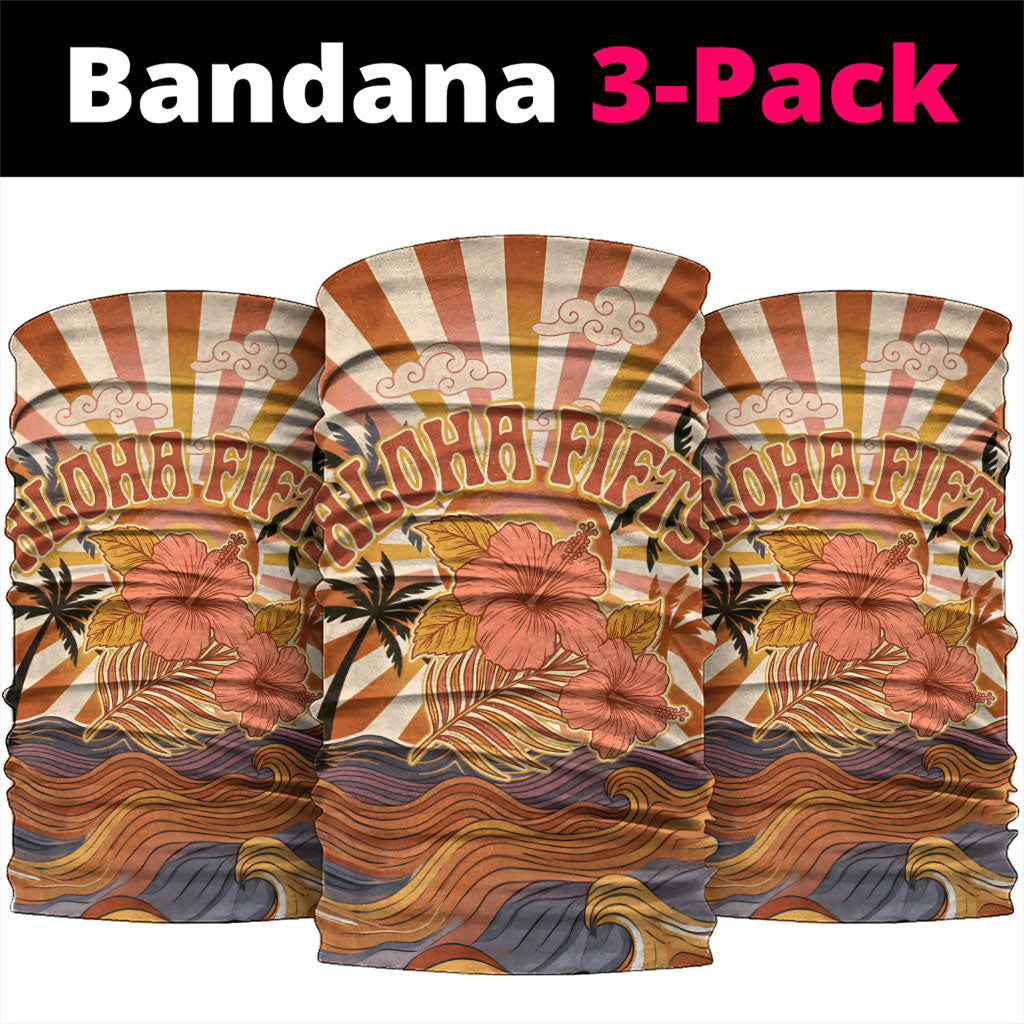 Aloha Nifty 50th Birthday Hawaii Neck Gaiter Vintage Retro Sunburst Tropical Palm Tree Surfboard Art TS04 package One Size: 25*50cm Orange Beige - Polynesian Pride
