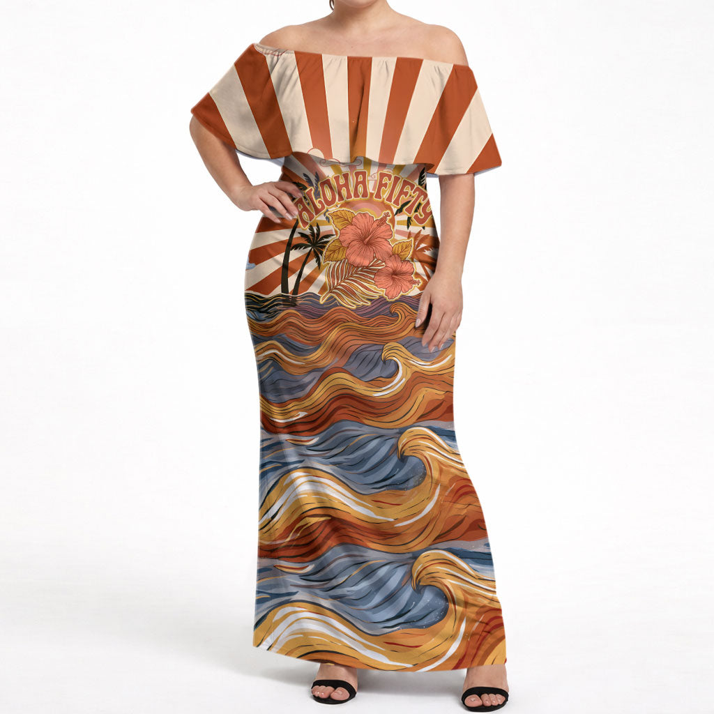 Aloha Nifty 50th Birthday Hawaii Off Shoulder Maxi Dress Vintage Retro Sunburst Tropical Palm Tree Surfboard Art TS04 Women Orange Beige - Polynesian Pride