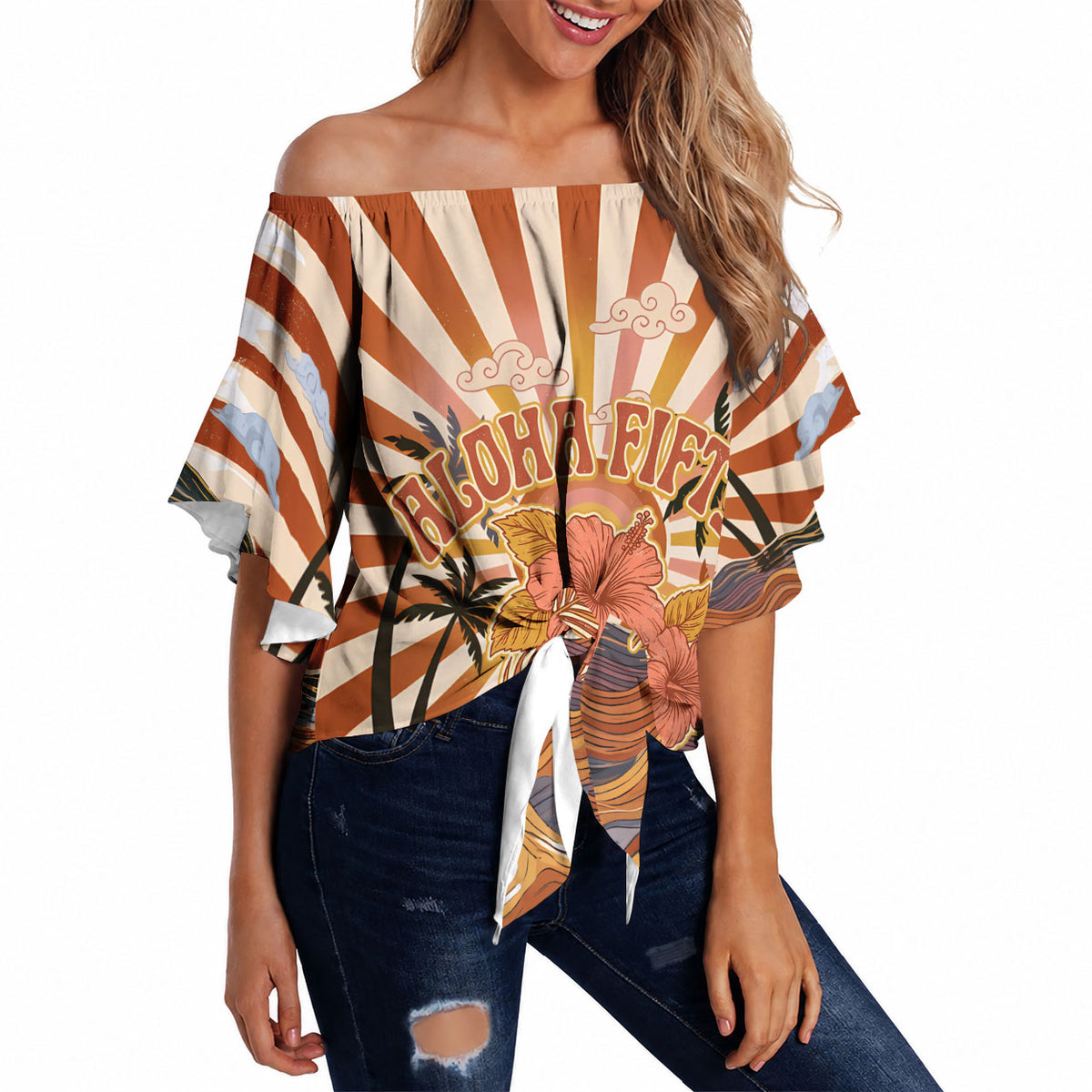 Aloha Nifty 50th Birthday Hawaii Off Shoulder Wrap Waist Top Vintage Retro Sunburst Tropical Palm Tree Surfboard Art TS04 Orange Beige - Polynesian Pride