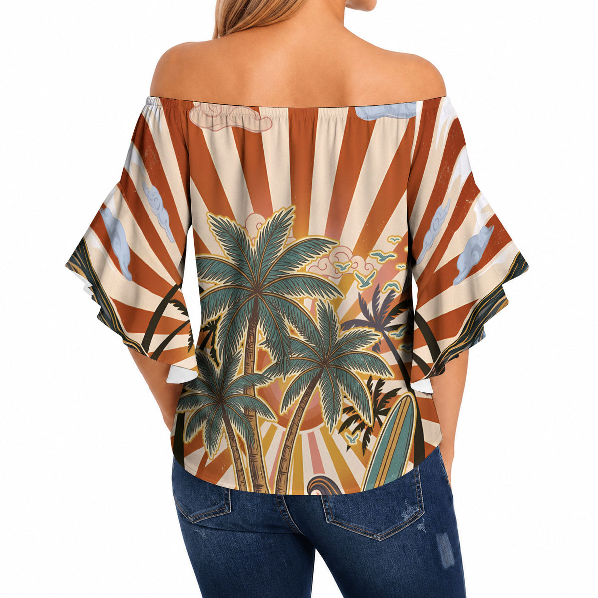 Aloha Nifty 50th Birthday Hawaii Off Shoulder Wrap Waist Top Vintage Retro Sunburst Tropical Palm Tree Surfboard Art TS04 - Polynesian Pride