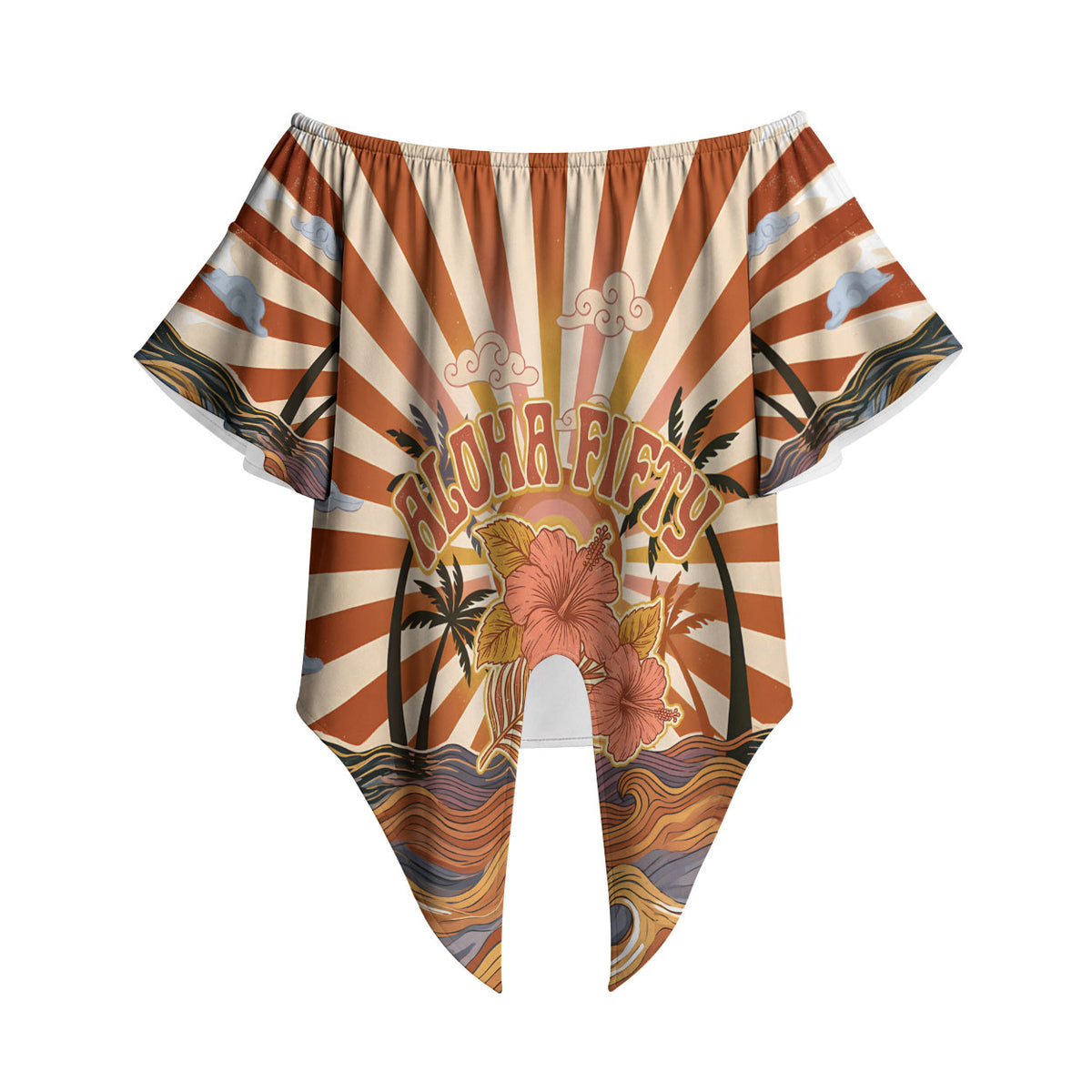 Aloha Nifty 50th Birthday Hawaii Off Shoulder Wrap Waist Top Vintage Retro Sunburst Tropical Palm Tree Surfboard Art TS04 - Polynesian Pride