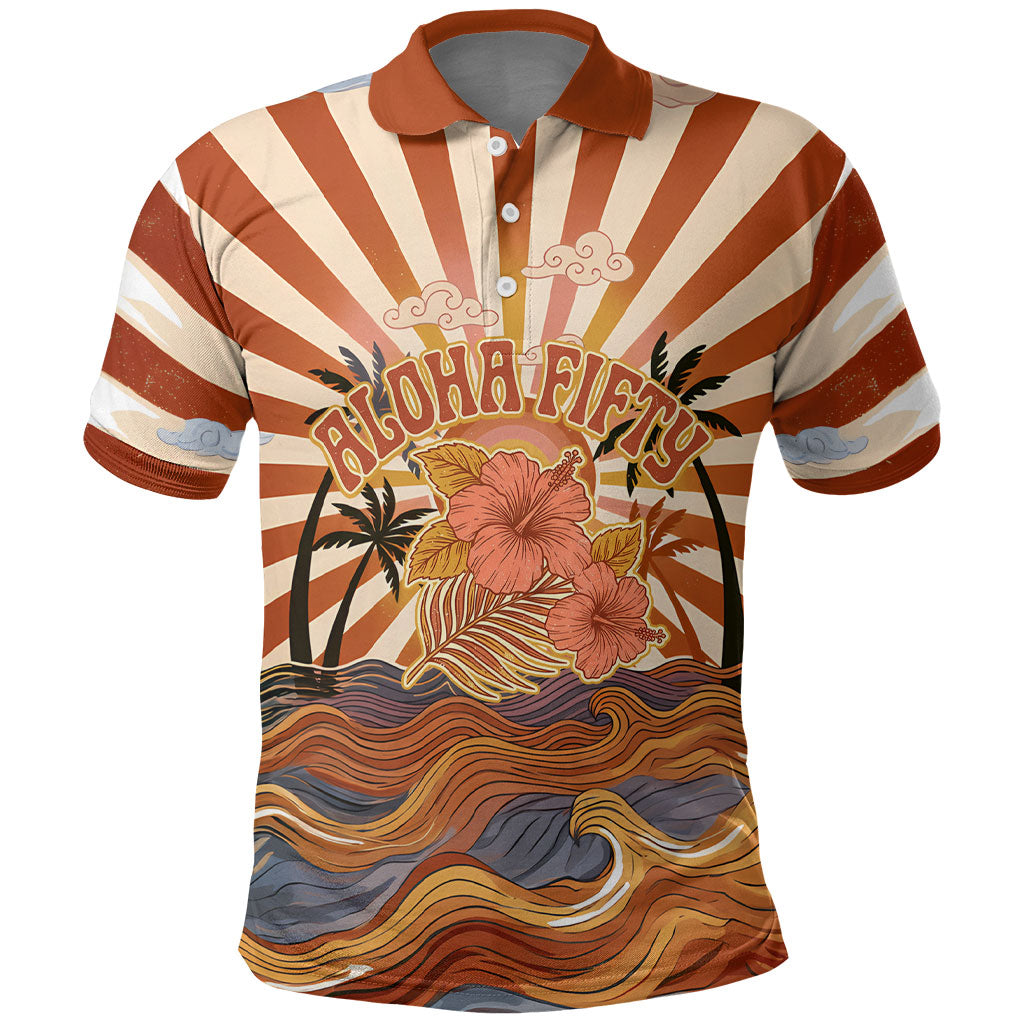 Aloha Nifty 50th Birthday Hawaii Polo Shirt Vintage Retro Sunburst Tropical Palm Tree Surfboard Art TS04 Orange Beige - Polynesian Pride