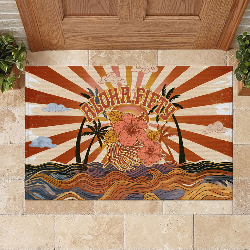 Aloha Nifty 50th Birthday Hawaii Rubber Doormat Vintage Retro Sunburst Tropical Palm Tree Surfboard Art TS04 Orange Beige - Polynesian Pride