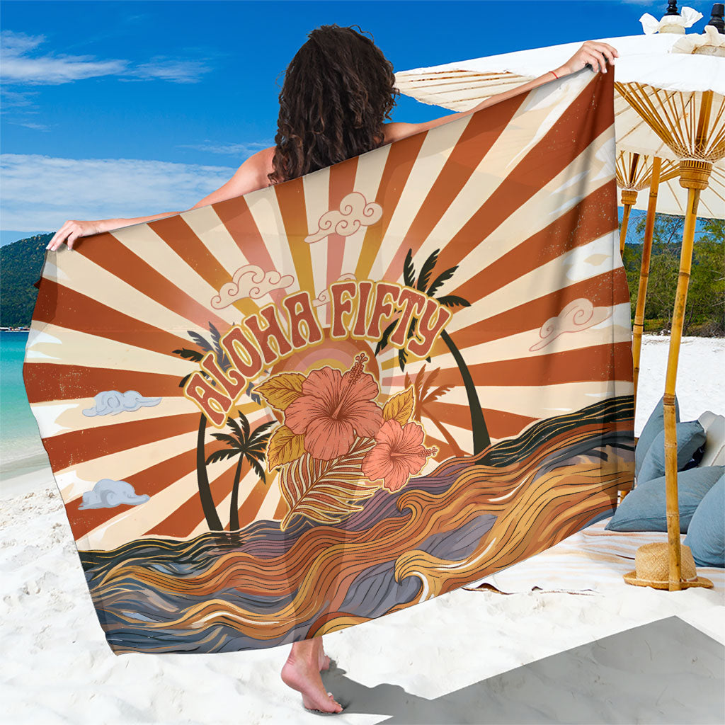 Aloha Nifty 50th Birthday Hawaii Sarong Vintage Retro Sunburst Tropical Palm Tree Surfboard Art TS04 One Size 44 x 66 inches Orange Beige - Polynesian Pride