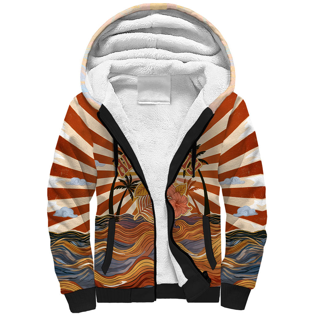Aloha Nifty 50th Birthday Hawaii Sherpa Hoodie Vintage Retro Sunburst Tropical Palm Tree Surfboard Art TS04 Unisex Orange Beige - Polynesian Pride