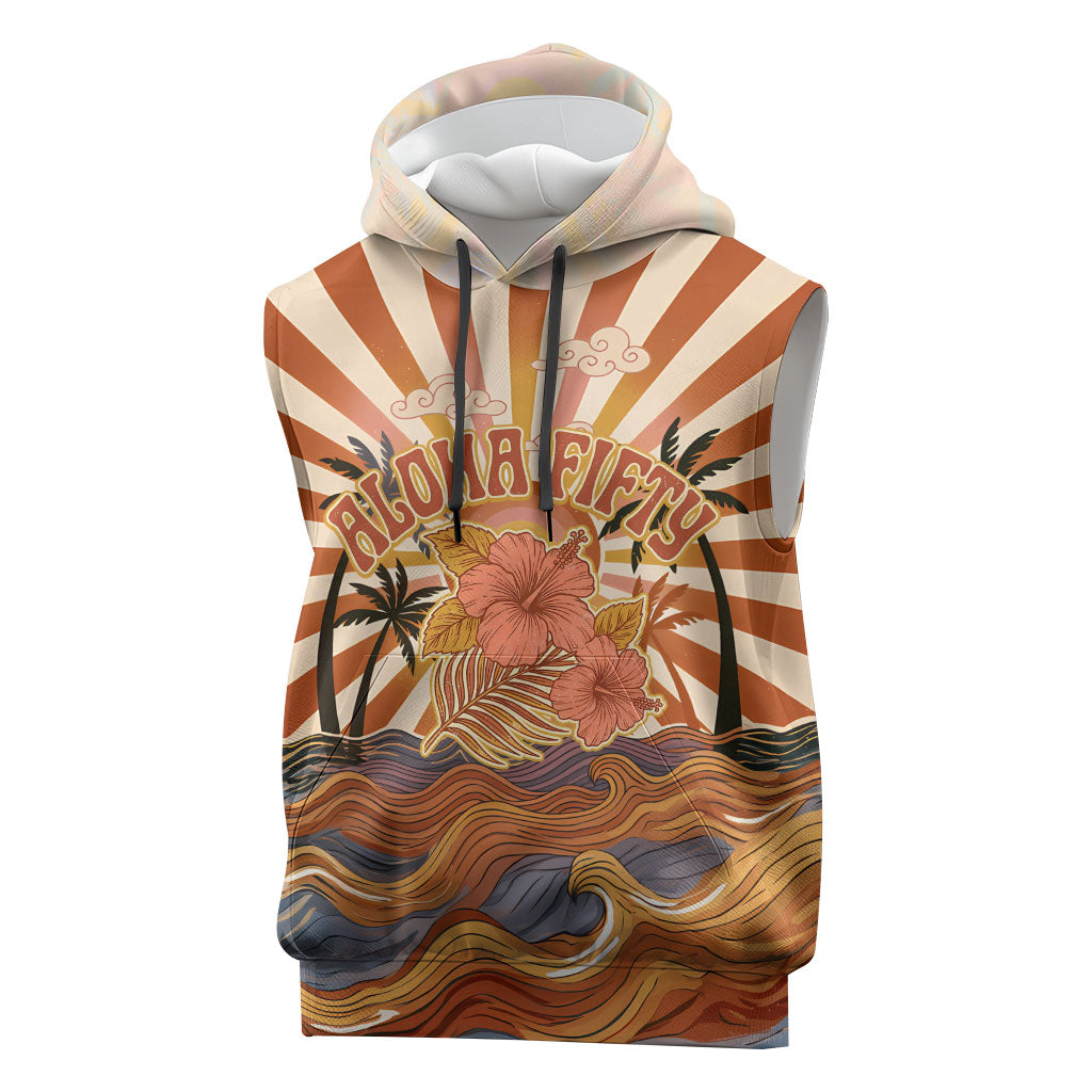 Aloha Nifty 50th Birthday Hawaii Sleeveless Hoodie Vintage Retro Sunburst Tropical Palm Tree Surfboard Art TS04 Orange Beige - Polynesian Pride