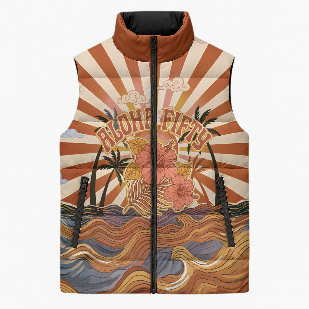 Aloha Nifty 50th Birthday Hawaii Sleeveless Puffer Jacket Vintage Retro Sunburst Tropical Palm Tree Surfboard Art TS04 Unisex Orange Beige - Polynesian Pride