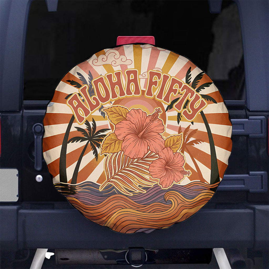Aloha Nifty 50th Birthday Hawaii Spare Tire Cover Vintage Retro Sunburst Tropical Palm Tree Surfboard Art TS04 No hole Orange Beige - Polynesian Pride