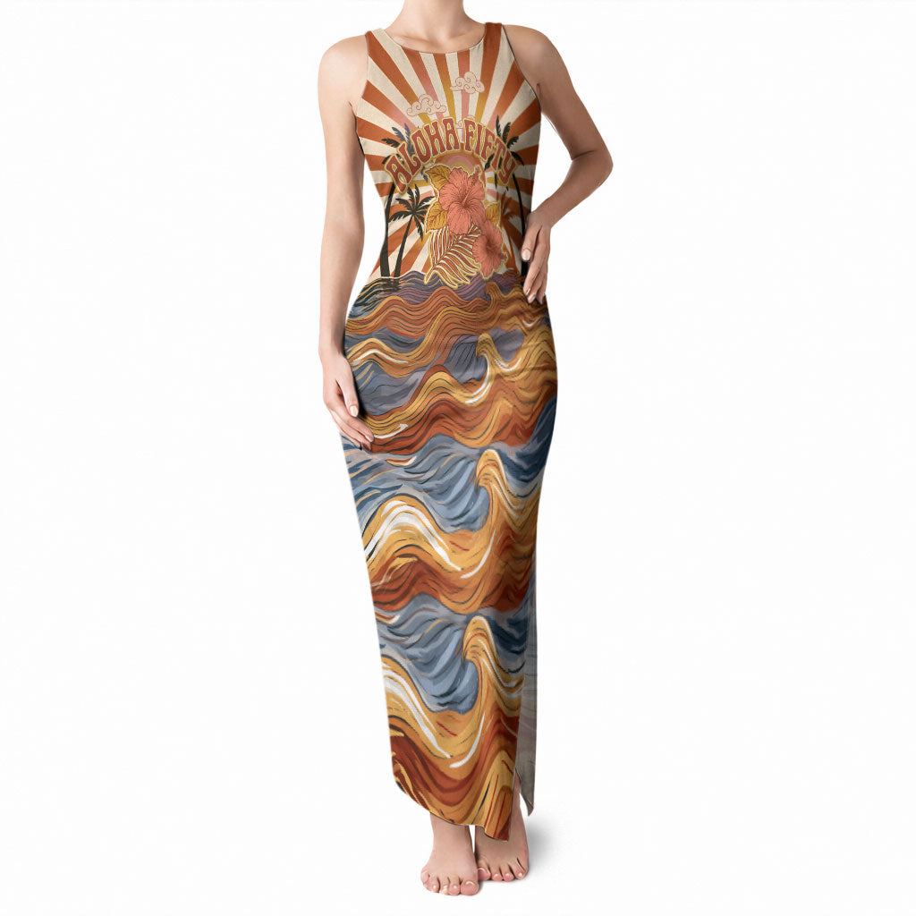 Aloha Nifty 50th Birthday Hawaii Tank Maxi Dress Vintage Retro Sunburst Tropical Palm Tree Surfboard Art TS04 Women Orange Beige - Polynesian Pride