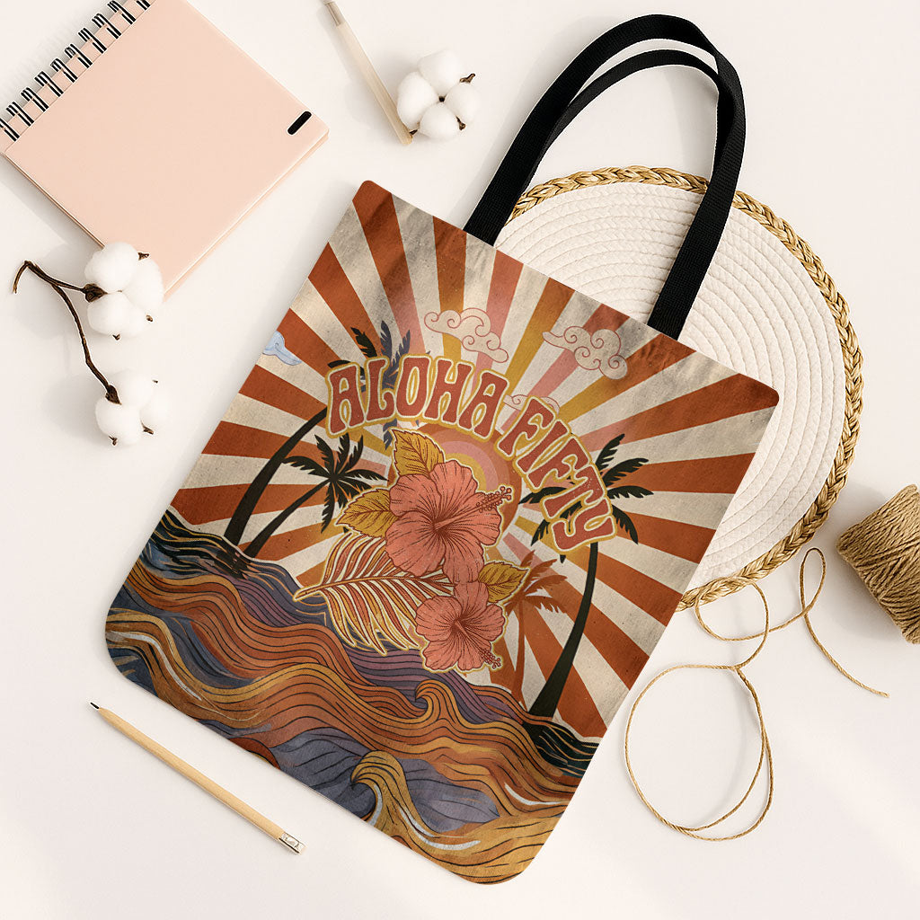 Aloha Nifty 50th Birthday Hawaii Tote Bag Vintage Retro Sunburst Tropical Palm Tree Surfboard Art TS04 Black Strap One Size Orange Beige - Polynesian Pride