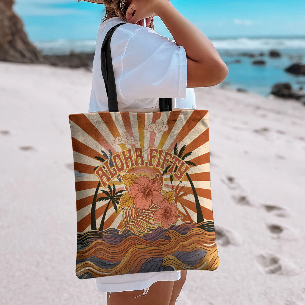 Aloha Nifty 50th Birthday Hawaii Tote Bag Vintage Retro Sunburst Tropical Palm Tree Surfboard Art TS04 - Polynesian Pride