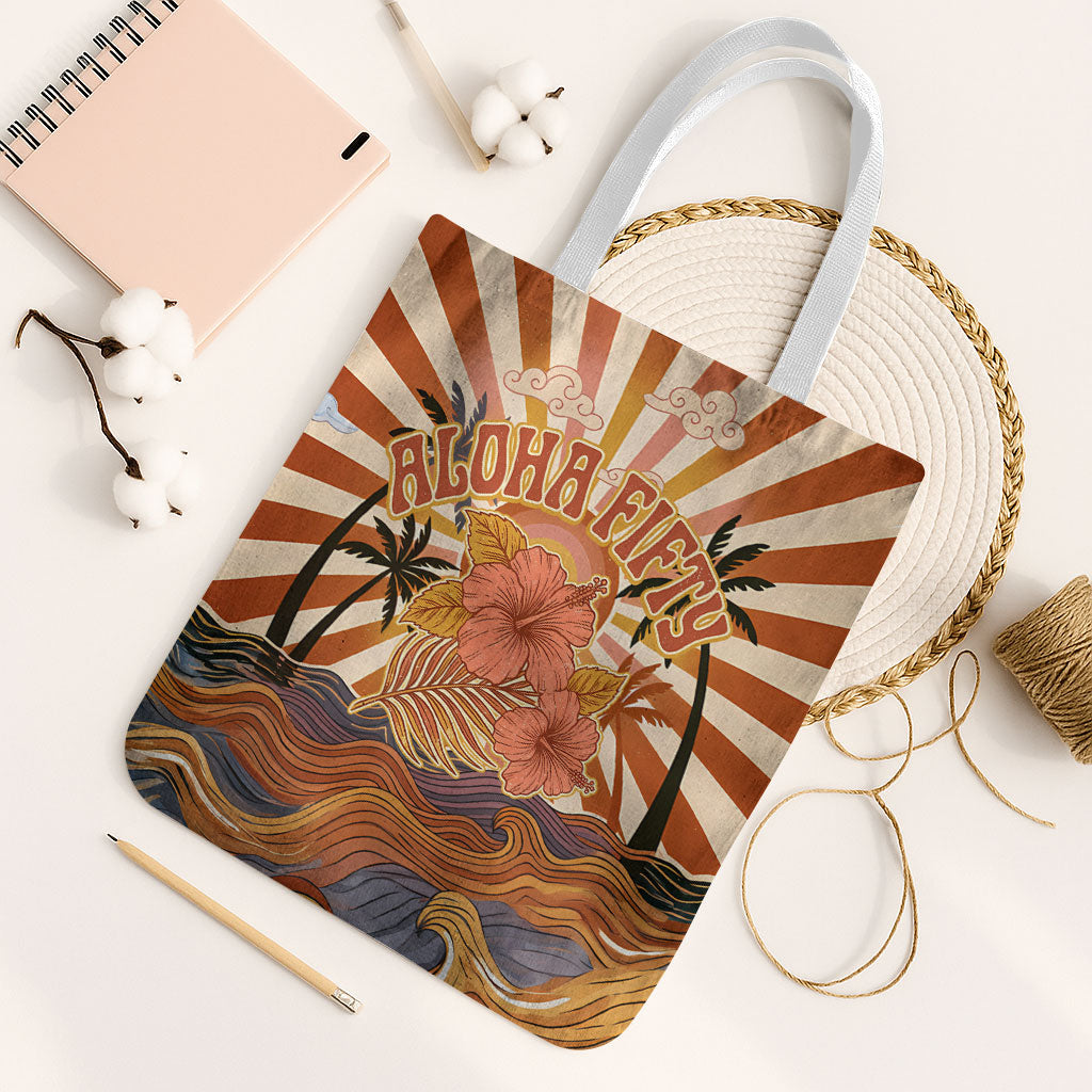 Aloha Nifty 50th Birthday Hawaii Tote Bag Vintage Retro Sunburst Tropical Palm Tree Surfboard Art TS04 White Strap One Size Orange Beige - Polynesian Pride