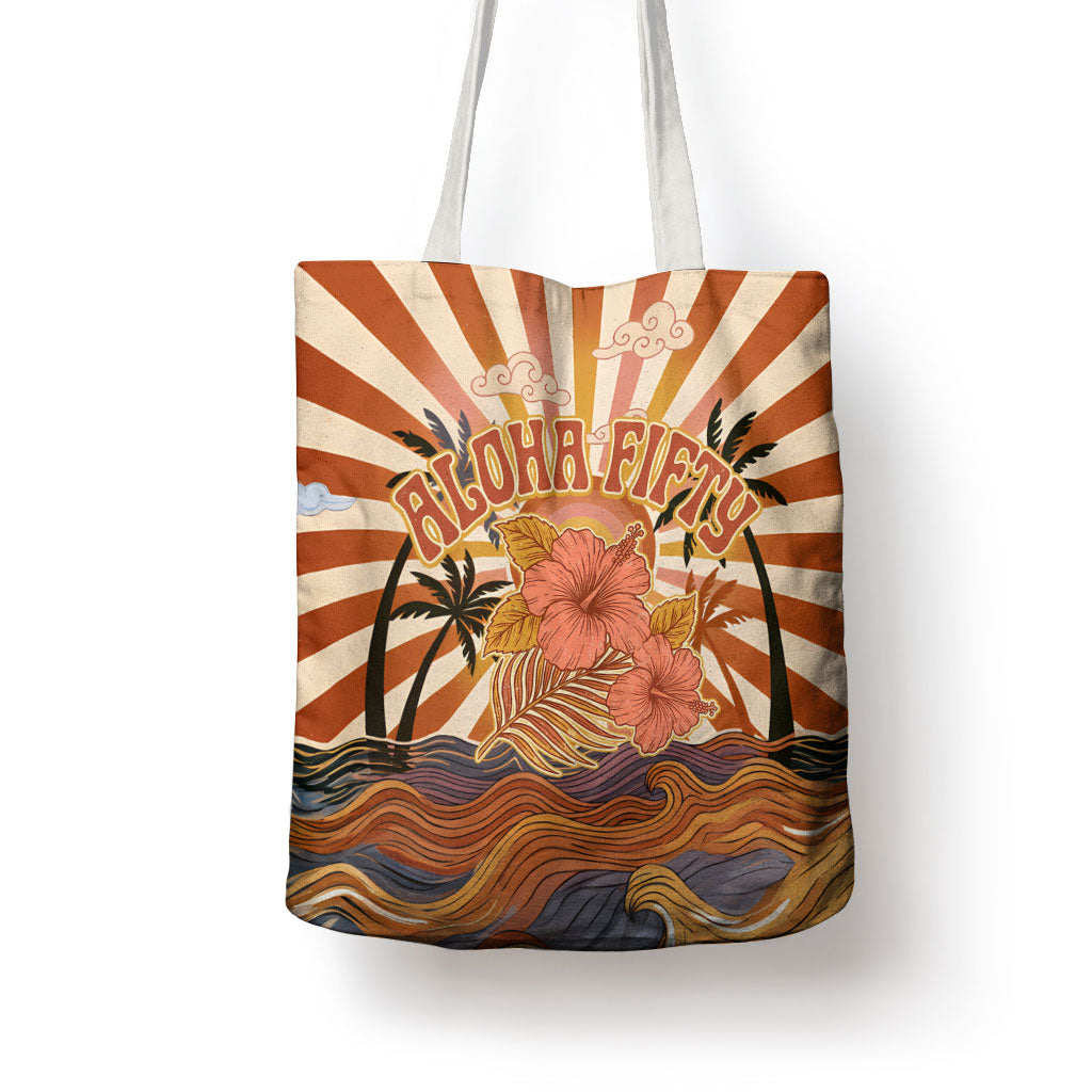 Aloha Nifty 50th Birthday Hawaii Tote Bag Vintage Retro Sunburst Tropical Palm Tree Surfboard Art TS04 - Polynesian Pride