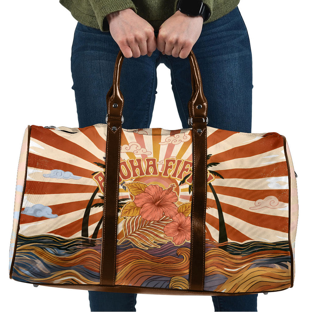 Aloha Nifty 50th Birthday Hawaii Travel Bag Vintage Retro Sunburst Tropical Palm Tree Surfboard Art TS04 Orange Beige - Polynesian Pride