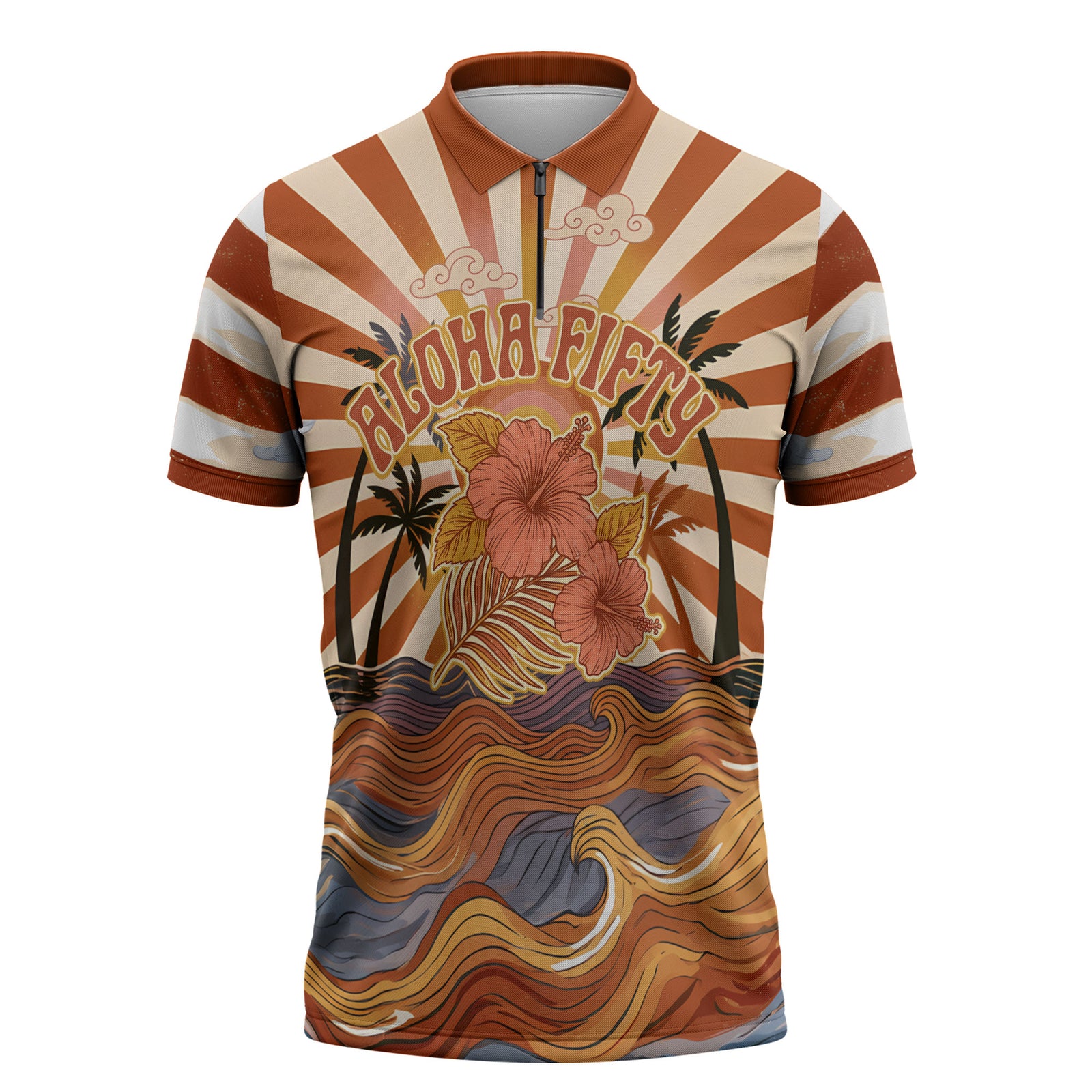 Aloha Nifty 50th Birthday Hawaii Zipper Polo Shirt Vintage Retro Sunburst Tropical Palm Tree Surfboard Art TS04 Orange Beige - Polynesian Pride
