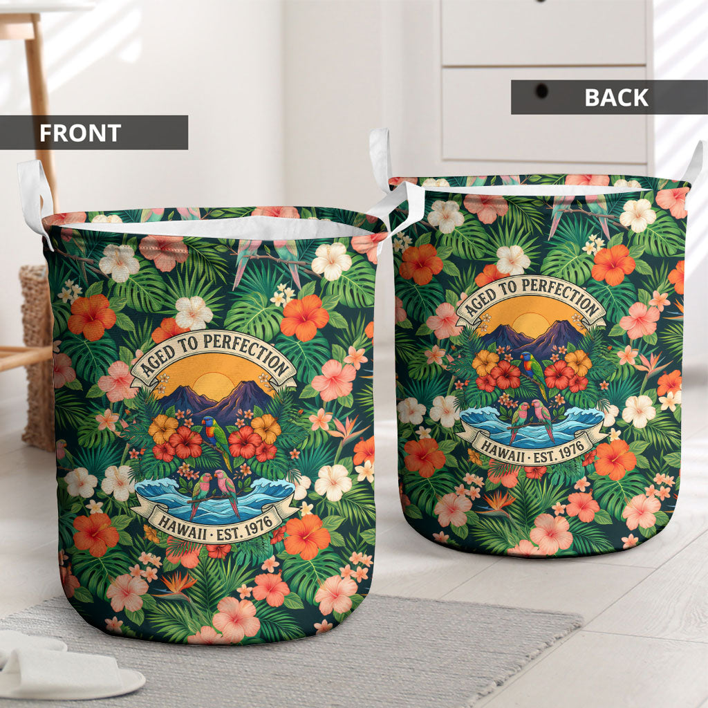 Hawaii 50th Birthday Laundry Basket Tropical Vintage Floral Hibiscus Parrot Island Sunset Art TS04 - Polynesian Pride