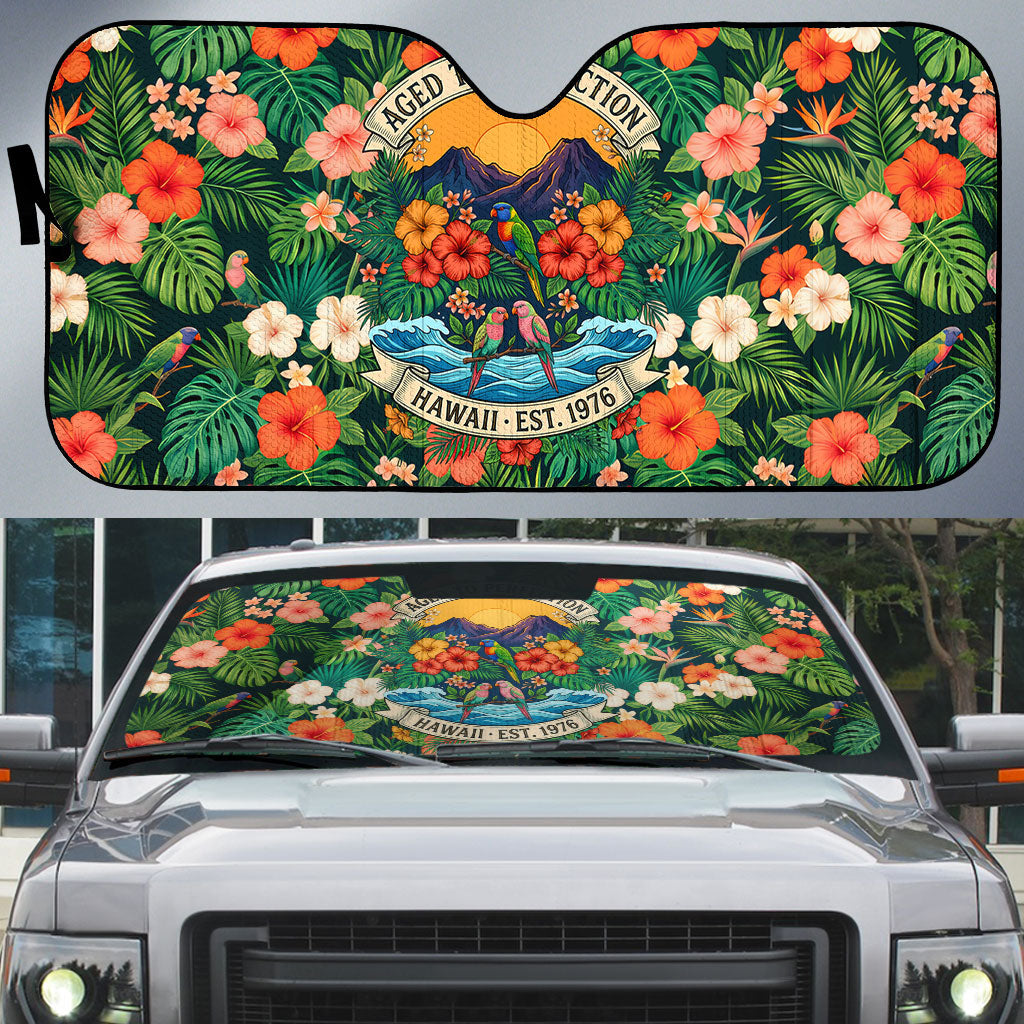 Hawaii 50th Birthday Auto Sun Shade Tropical Vintage Floral Hibiscus Parrot Island Sunset Art TS04 Green Pink - Polynesian Pride
