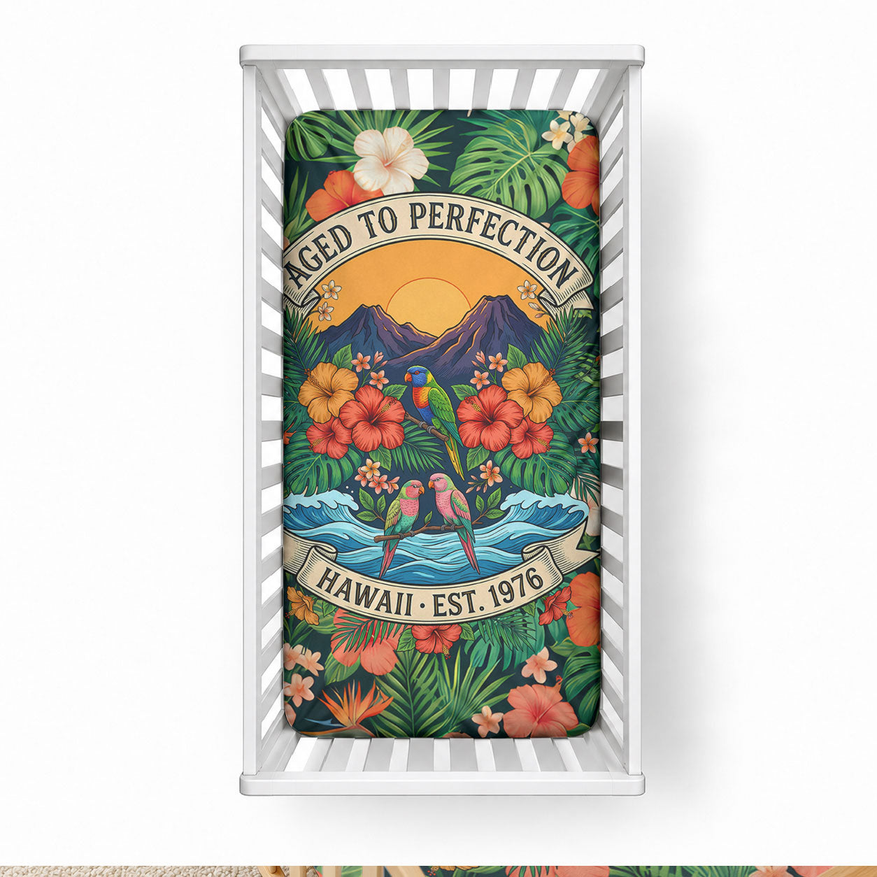 Hawaii 50th Birthday Baby Bed Cover Tropical Vintage Floral Hibiscus Parrot Island Sunset Art TS04 28 × 52 in Green Pink - Polynesian Pride