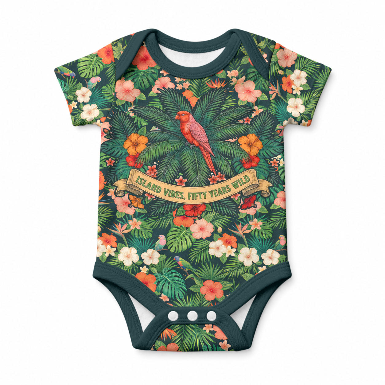 Hawaii 50th Birthday Baby Onesie Tropical Vintage Floral Hibiscus Parrot Island Sunset Art TS04 Green Pink - Polynesian Pride