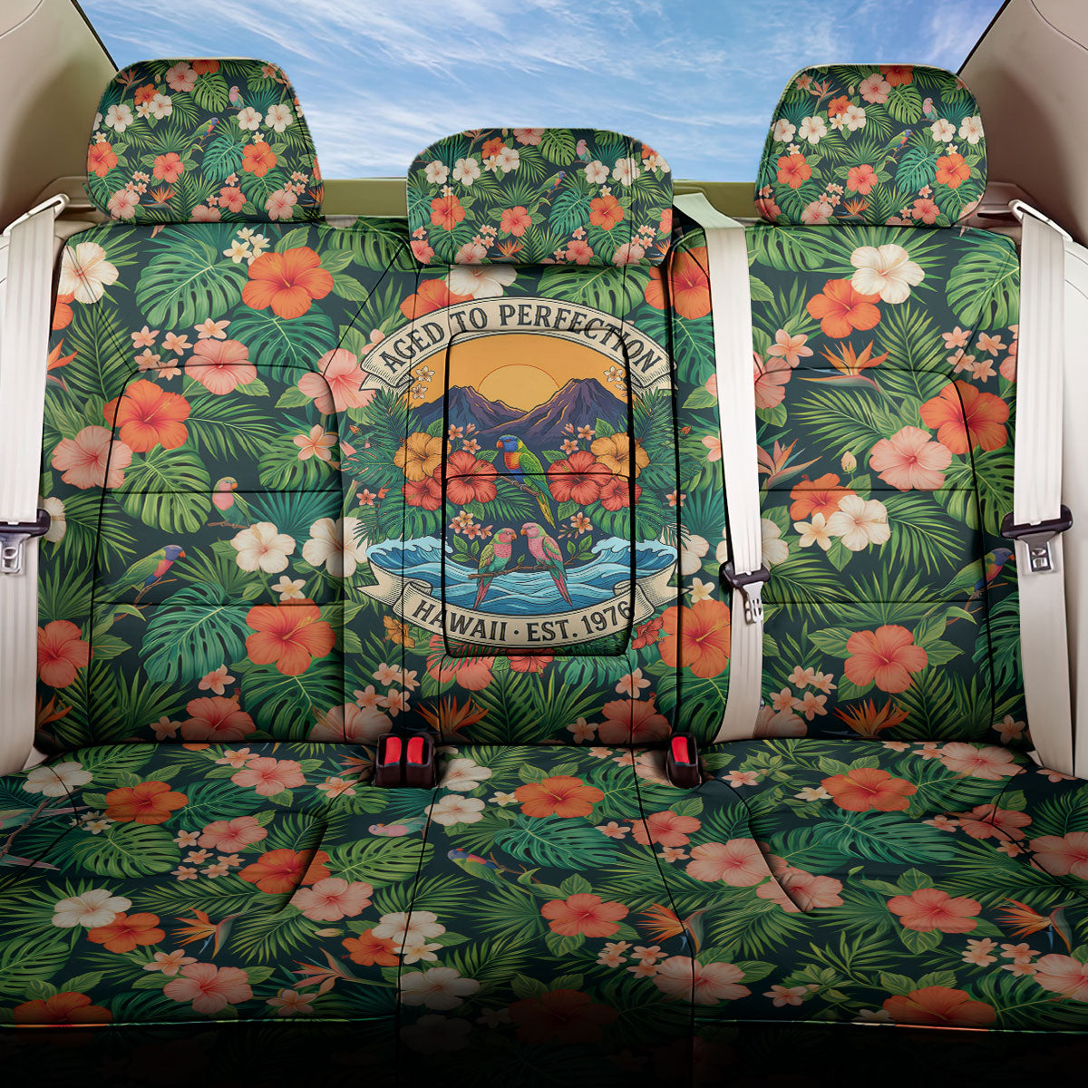 Hawaii 50th Birthday Back Car Seat Cover Tropical Vintage Floral Hibiscus Parrot Island Sunset Art TS04 One Size Green Pink - Polynesian Pride