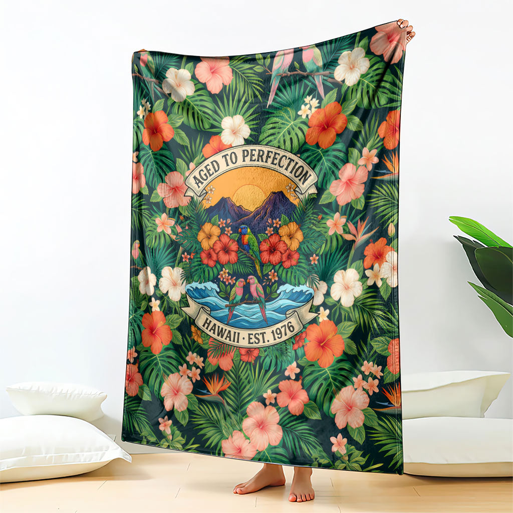 Hawaii 50th Birthday Blanket Tropical Vintage Floral Hibiscus Parrot Island Sunset Art TS04 - Polynesian Pride