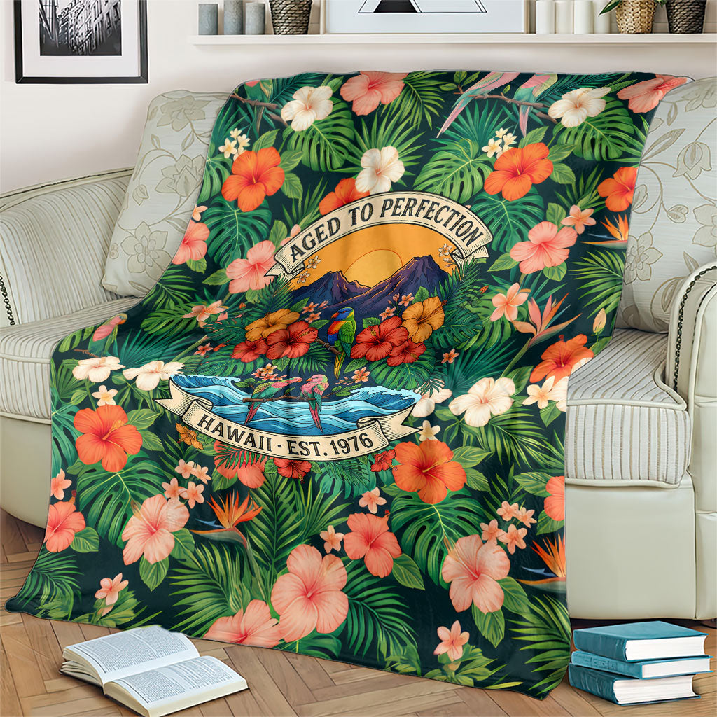 Hawaii 50th Birthday Blanket Tropical Vintage Floral Hibiscus Parrot Island Sunset Art TS04 - Polynesian Pride