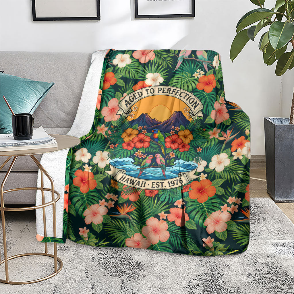 Hawaii 50th Birthday Blanket Tropical Vintage Floral Hibiscus Parrot Island Sunset Art TS04 - Polynesian Pride
