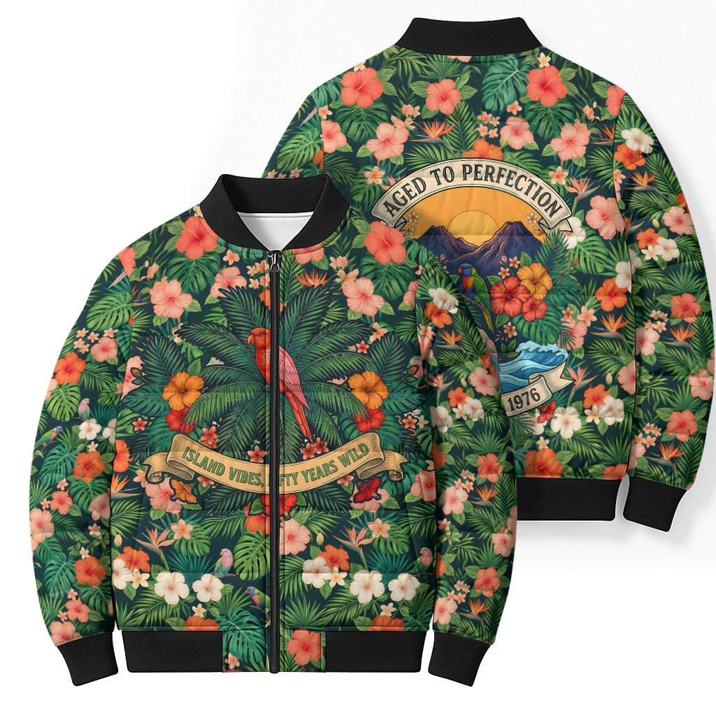 Hawaii 50th Birthday Bomber Puffer Jacket Tropical Vintage Floral Hibiscus Parrot Island Sunset Art TS04 - Polynesian Pride