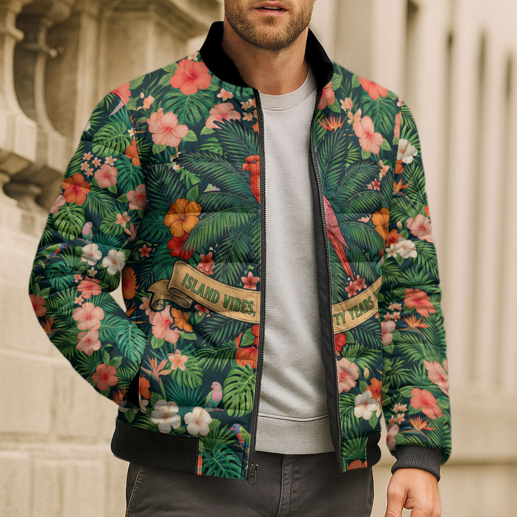 Hawaii 50th Birthday Bomber Puffer Jacket Tropical Vintage Floral Hibiscus Parrot Island Sunset Art TS04 - Polynesian Pride