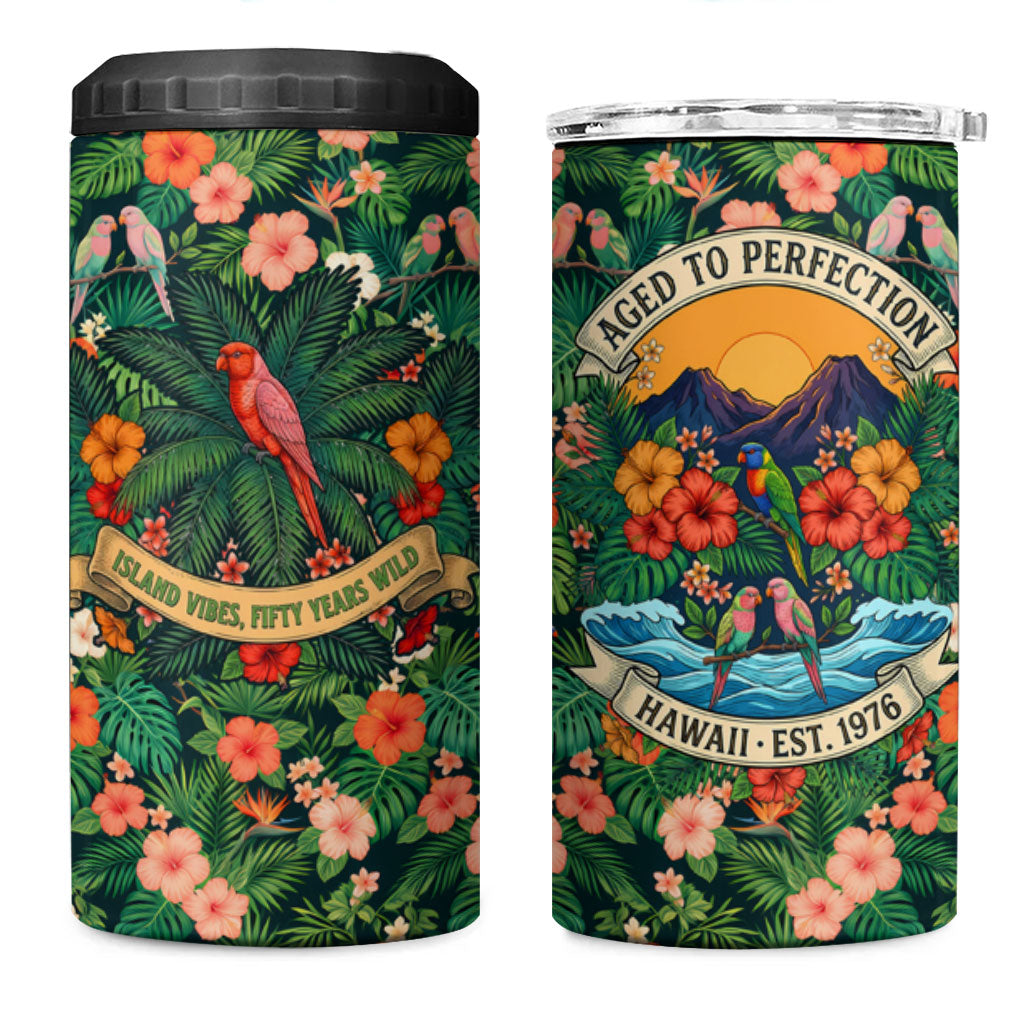 Hawaii 50th Birthday 4 in 1 Can Cooler Tumbler Tropical Vintage Floral Hibiscus Parrot Island Sunset Art TS04 One Size: 16 oz Green Pink - Polynesian Pride