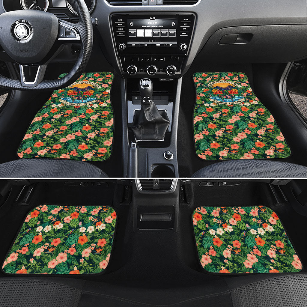 Hawaii 50th Birthday Car Mats Tropical Vintage Floral Hibiscus Parrot Island Sunset Art TS04 Set 4pcs Green Pink - Polynesian Pride
