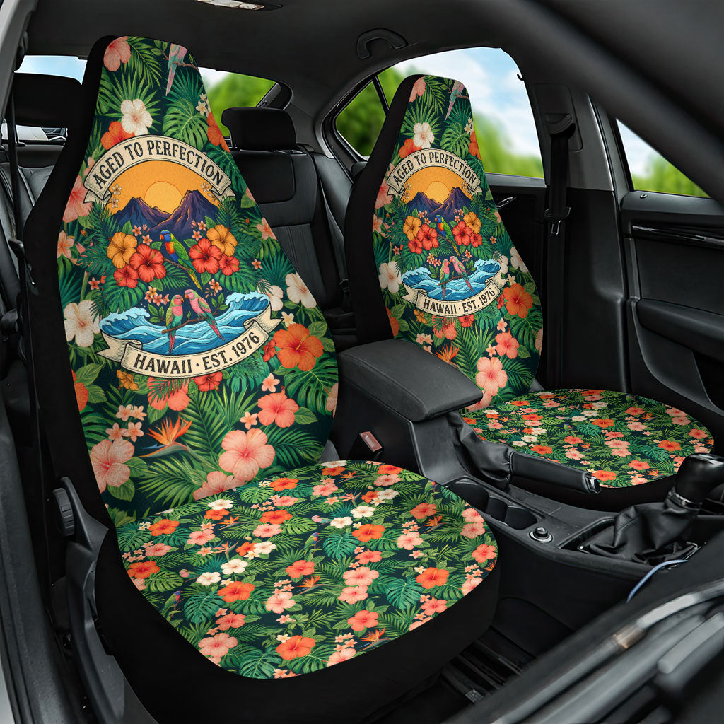 Hawaii 50th Birthday Car Seat Cover Tropical Vintage Floral Hibiscus Parrot Island Sunset Art TS04 One Size Green Pink - Polynesian Pride