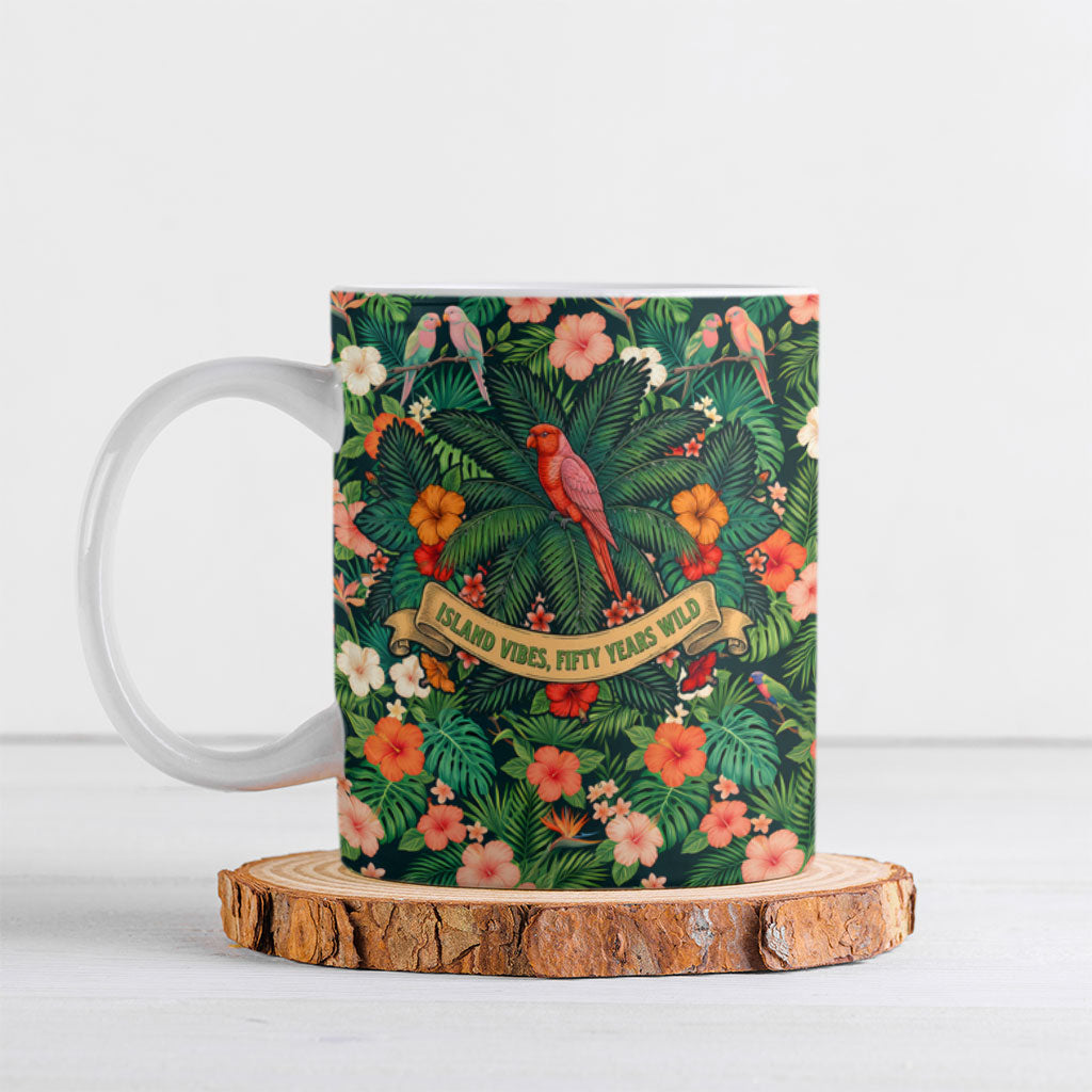 Hawaii 50th Birthday Ceramic Mug Tropical Vintage Floral Hibiscus Parrot Island Sunset Art TS04 Green Pink - Polynesian Pride