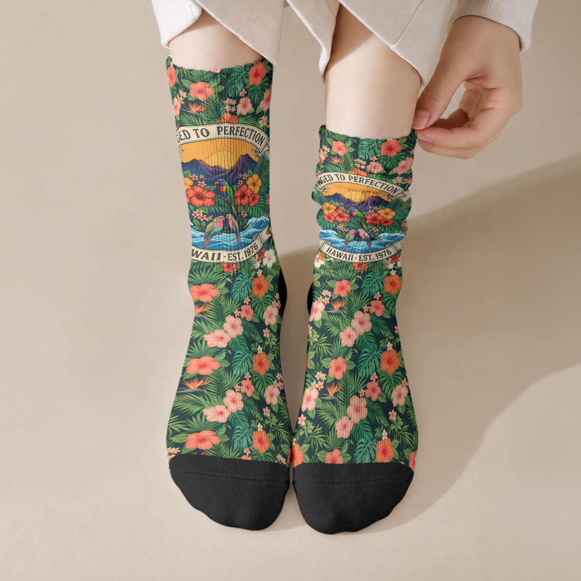 Hawaii 50th Birthday Crew Socks Tropical Vintage Floral Hibiscus Parrot Island Sunset Art TS04 Crew Socks Green Pink - Polynesian Pride