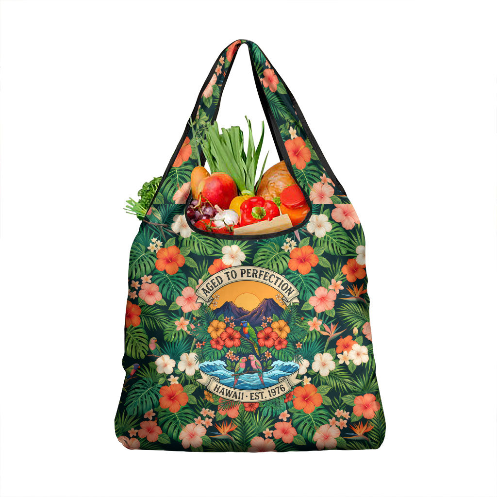 Hawaii 50th Birthday Grocery Bag Tropical Vintage Floral Hibiscus Parrot Island Sunset Art TS04 1-pack One Size Green Pink - Polynesian Pride