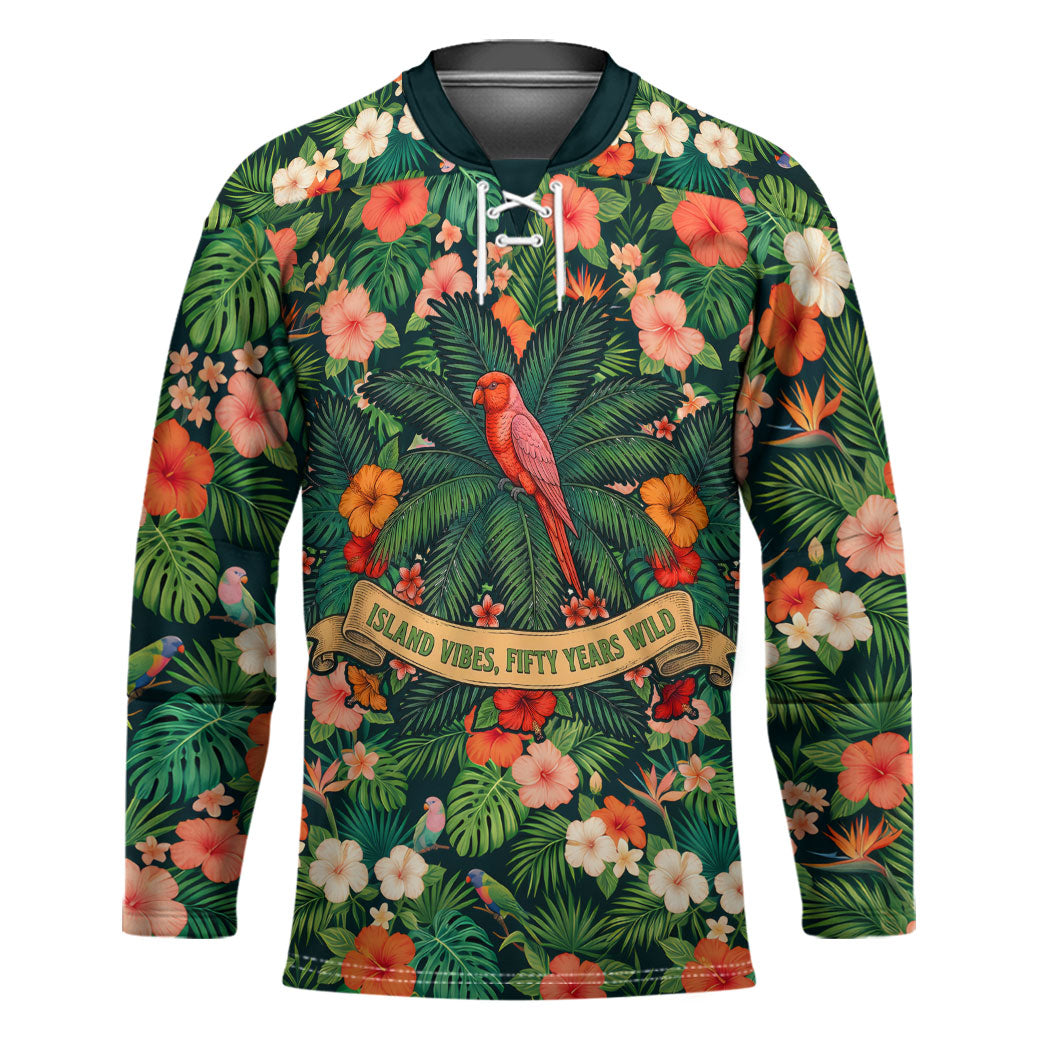 Hawaii 50th Birthday Hockey Jersey Tropical Vintage Floral Hibiscus Parrot Island Sunset Art TS04 Unisex Green Pink - Polynesian Pride