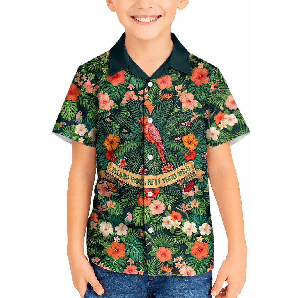 Hawaii 50th Birthday Kid Hawaiian Shirt Tropical Vintage Floral Hibiscus Parrot Island Sunset Art TS04 Kid Green Pink - Polynesian Pride