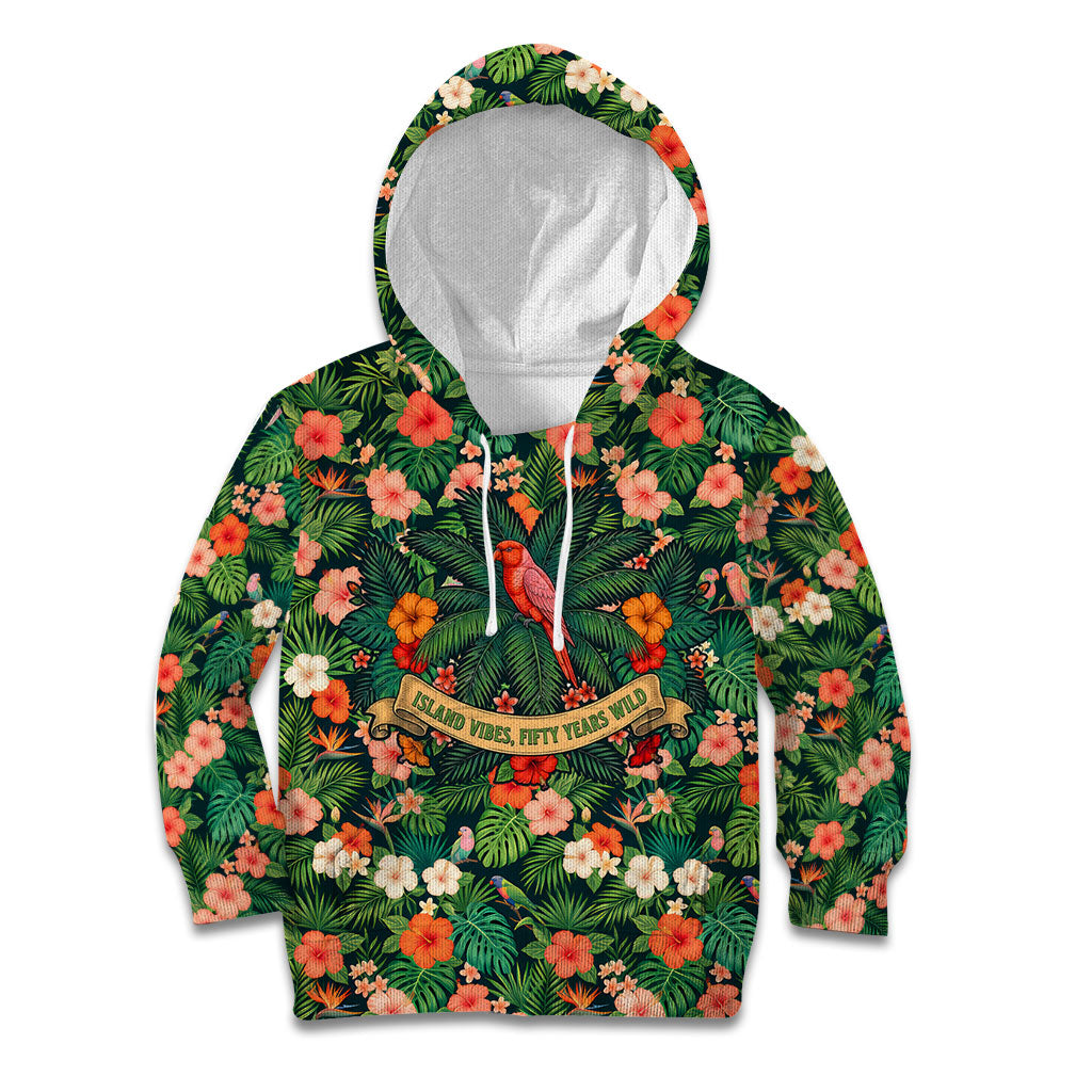 Hawaii 50th Birthday Kid Hoodie Tropical Vintage Floral Hibiscus Parrot Island Sunset Art TS04 Hoodie Green Pink - Polynesian Pride